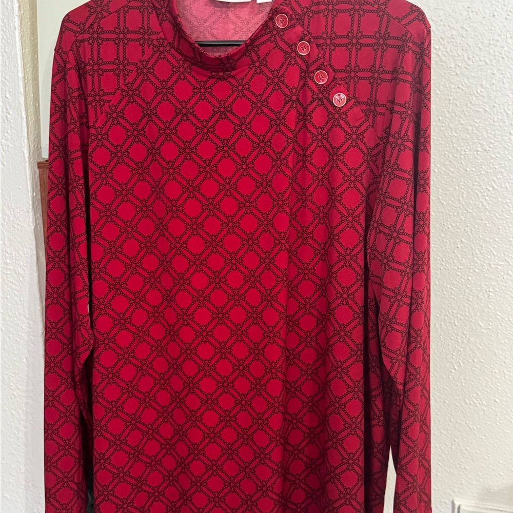 Susan Graver Red Geometric Chain-Print Top with Shoulder Button Trim